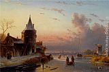 Skaters on a Frozen River at Dusk
